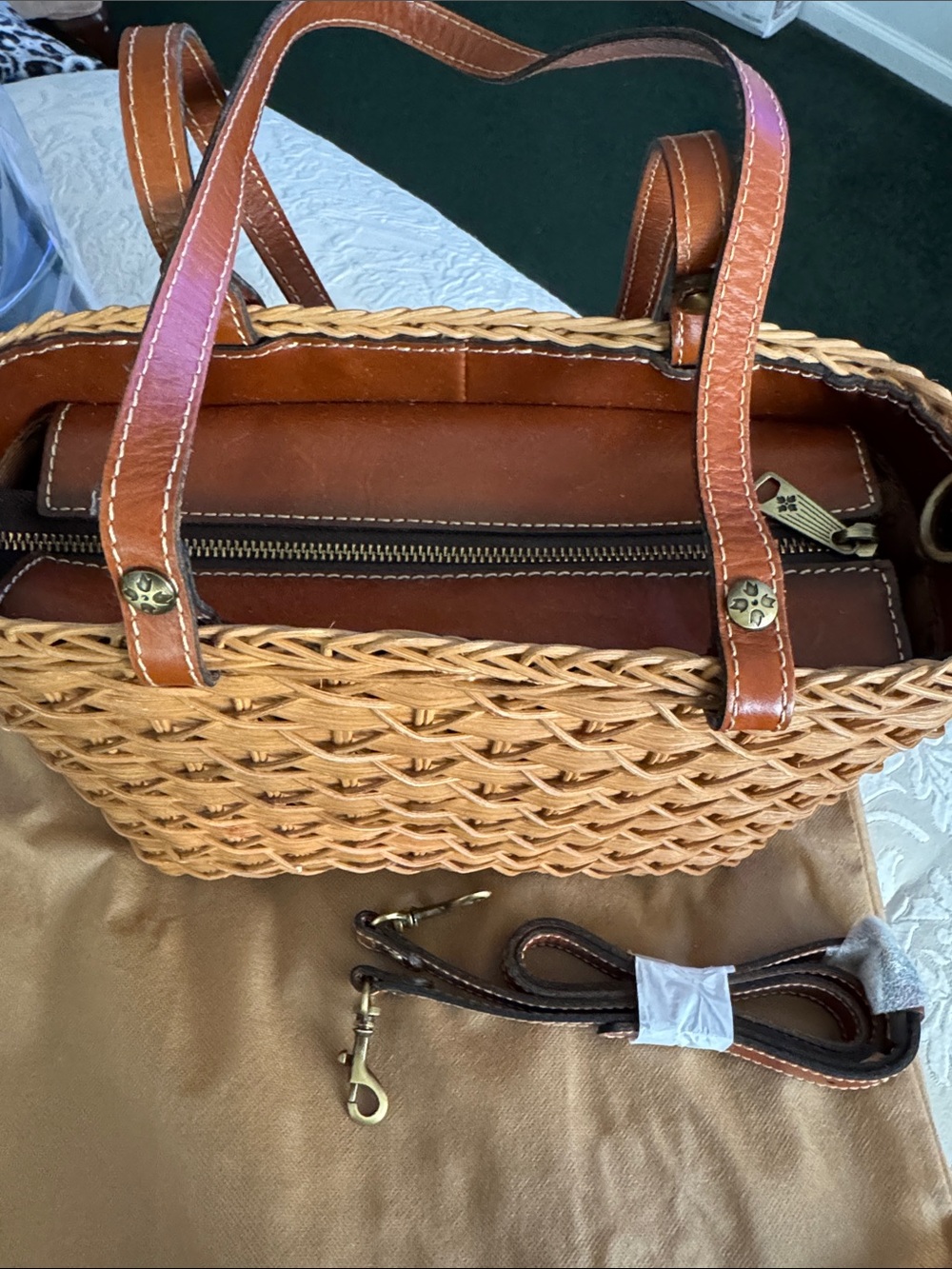 Patricia Nash Natural Woven Rattan Tote with Brown Leather Trim - Picture 2 of 3